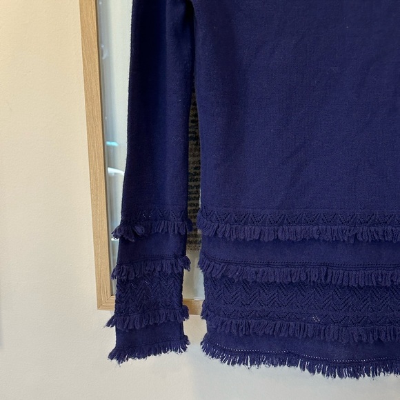 Trina Turk Sass Merino Wool Pointelle Fringe Trim Sweater Blue Small | L005 - Picture 11 of 12